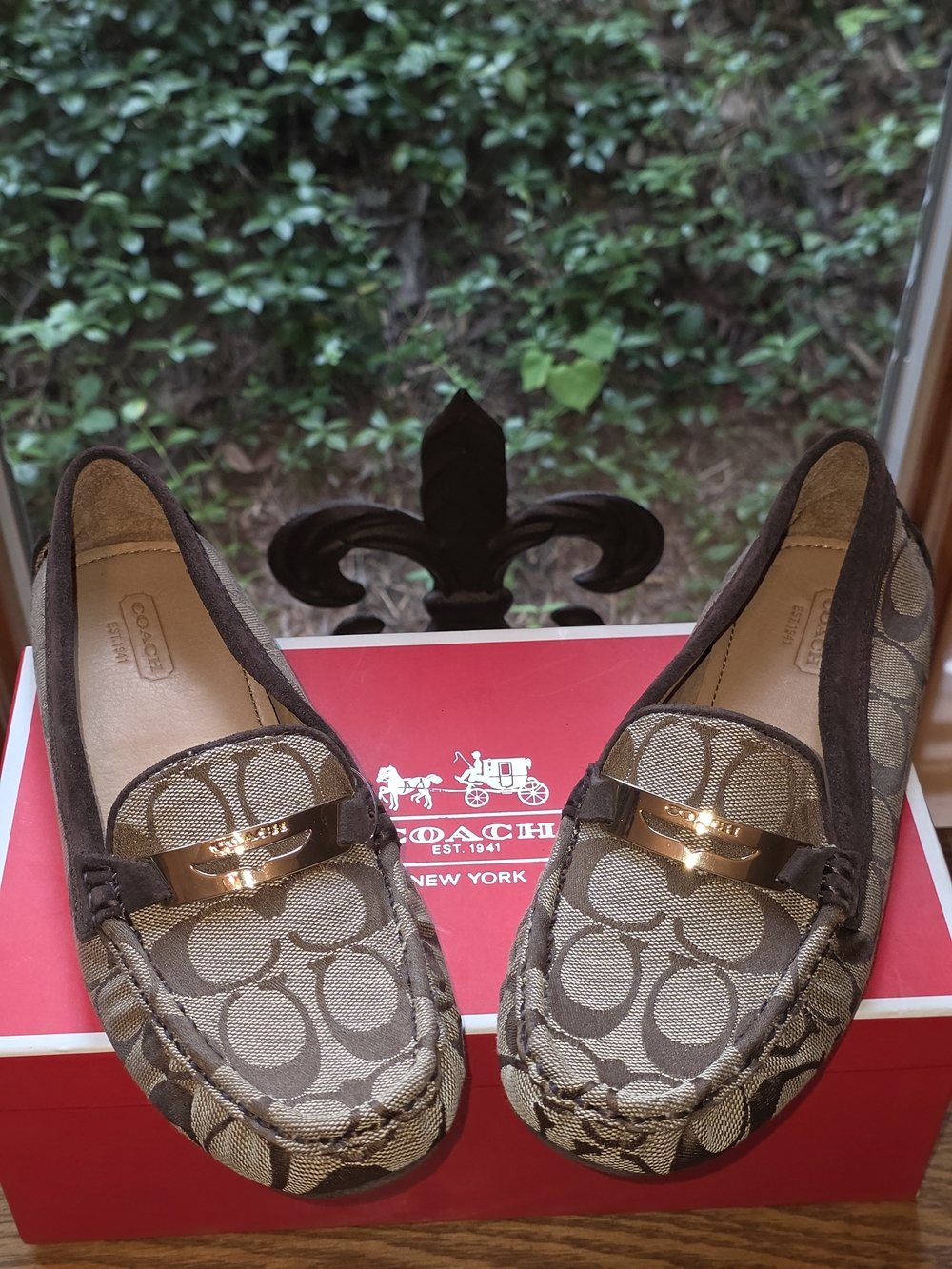 Coach "Olive" Brown Signature Canvas Driving Loafers with Gold Accent Sz 6.5
